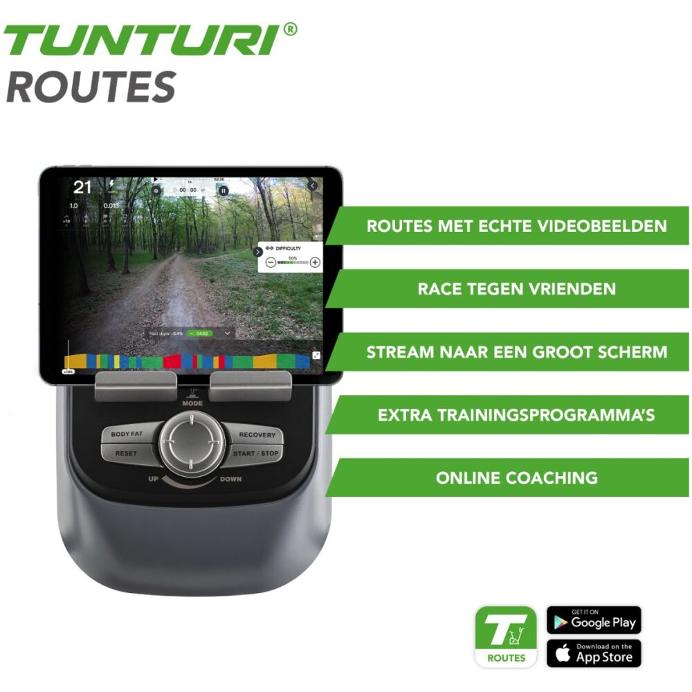 Uitleg Tunturi Routes, echte videobeelden, Race tegen vrienden, stream naar groot scherm